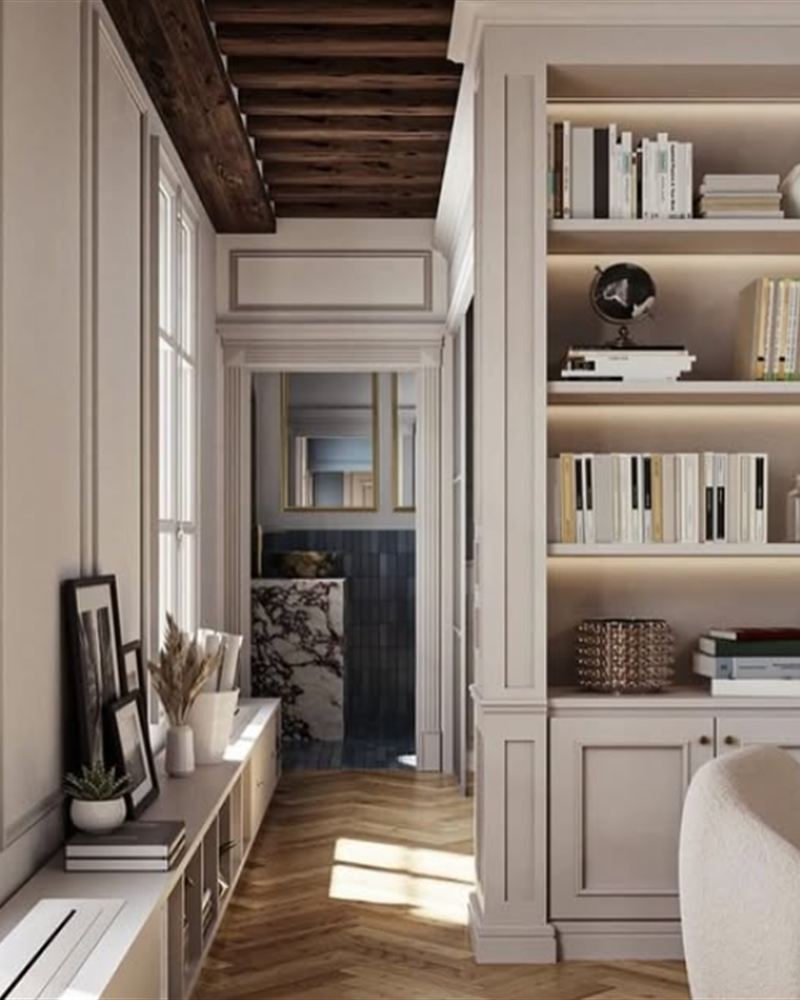 Séjour élégant, bibliothèque sur-mesure et parquet
